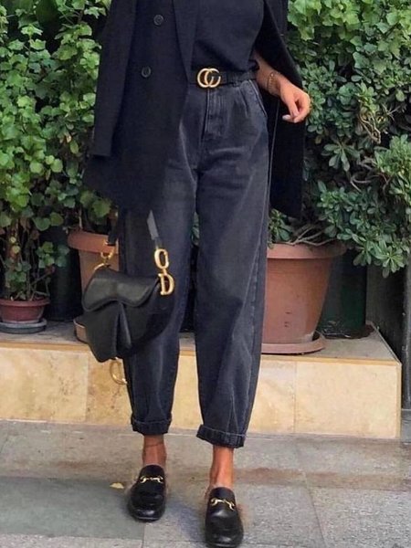 Casual Regular Fit Plain Denim Jeans, Black, Jeans