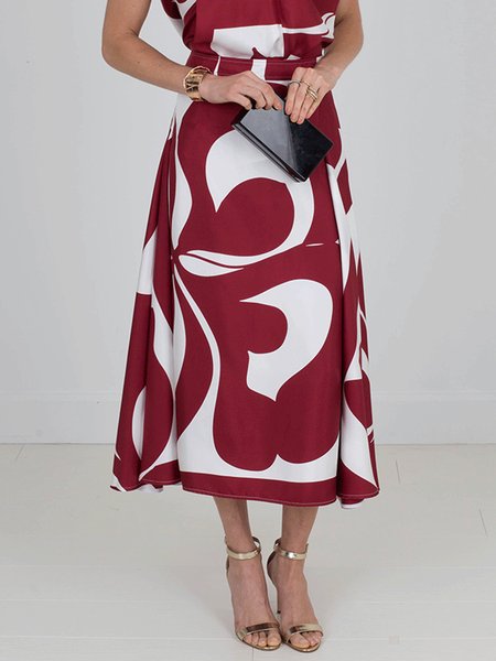Urban Geometric Print High Waist Skirt, Red, Skirts