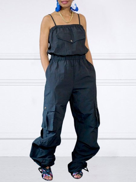 Spaghetti Casual Regular Fit Bib Pants, As picture, Jumpsuits