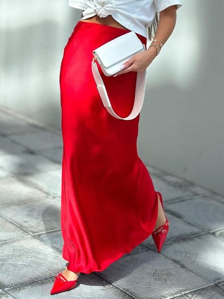 Urban High Waist Satin Plain Skirt, Red, Skirts
Urban High Waist Satin Plain Skirt, Red, Skirts