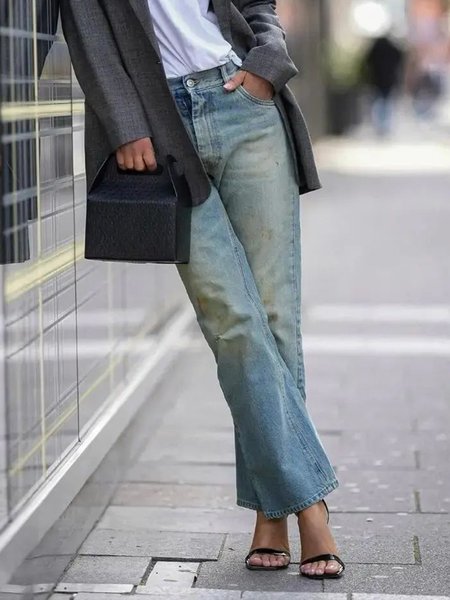 Pocket Stitching Denim Plain Casual Jeans, Blue, Jeans