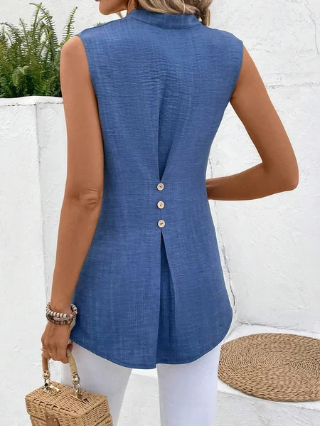 

V Neck Buttoned Simple Tunic Tank Top Blouse, Blue, Shirts & Blouses