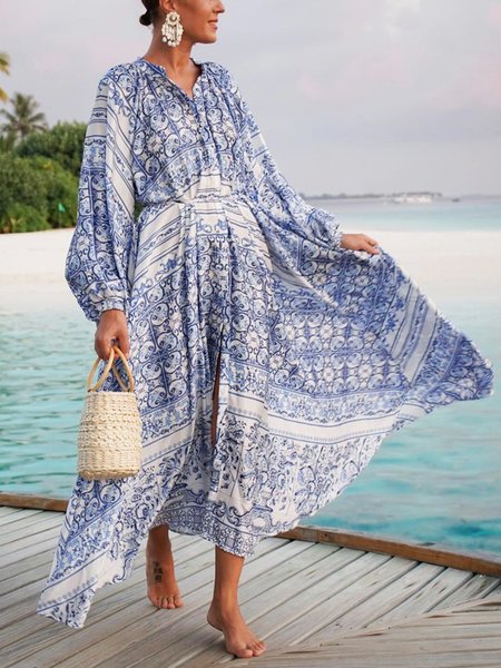 Vacation Floral Regular Fit Long Sleeve Dress, Blue, Maxi Dresses