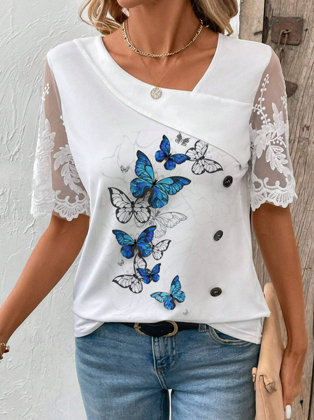 Women's Short Sleeve Shirt Summer White Butterfly Lace Daily Casual Top, Shirts & Blouses