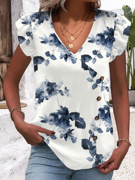 V Neck Short Sleeve Plain Buckle Regular Loose Shirt For Women, Blue, Blouses
