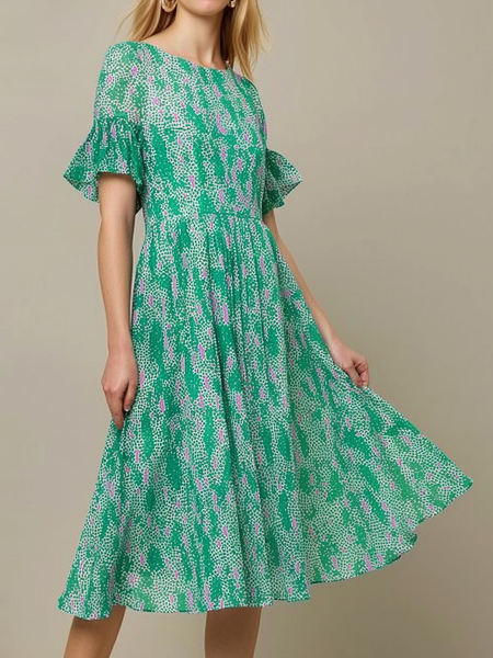 

Ruffled Sleeves Crew Neck Elegant Floral Dress, Green, Dresses