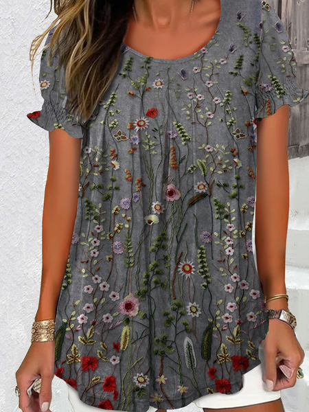 Crew Neck Short Sleeve Floral Regular Micro-Elasticity Loose Shirt For Women, Gray, Blouses
Crew Neck Short Sleeve Floral Regular Micro-Elasticity Loose Shirt For Women, Gray, Blouses