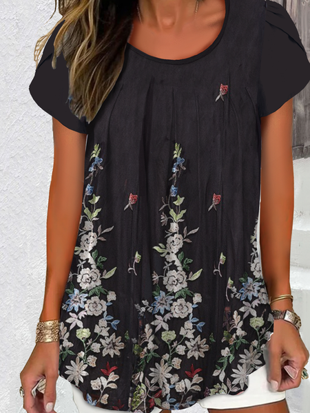 Crew Neck Short Sleeve Floral Embroidery Regular Loose Blouse For Women, Black, Blouses
Crew Neck Short Sleeve Floral Embroidery Regular Loose Blouse For Women, Black, Blouses