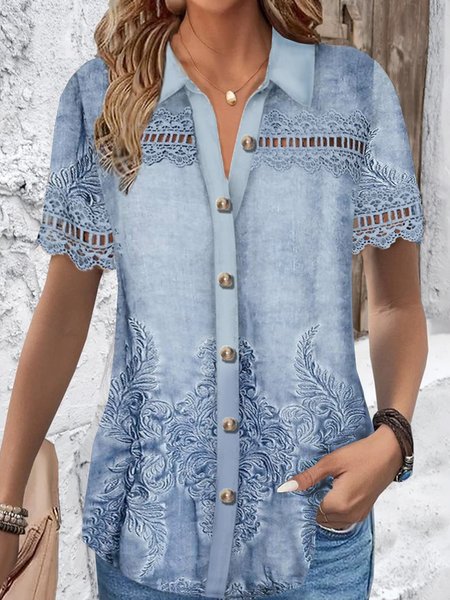 Shirt Collar Short Sleeve Ethnic Lace Regular Loose Blouse For Women, Blue, Shirts
Shirt Collar Short Sleeve Ethnic Lace Regular Loose Blouse For Women, Blue, Shirts