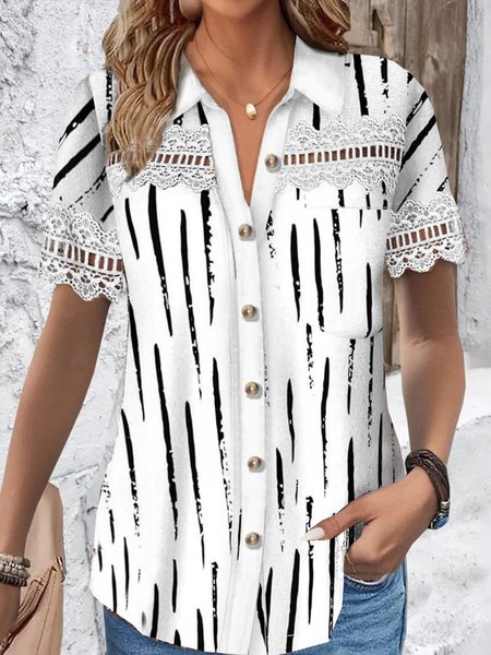 Shirt Collar Short Sleeve Abstract Stripes Regular Loose Blouse For Women, White, Shirts