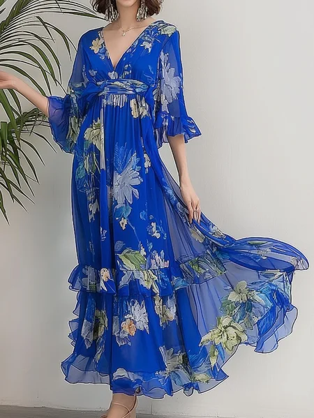 

Ruffled Sleeves Floral Elegant V Neck Dress, Blue, Dresses