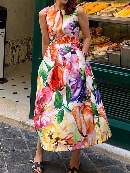 Regular Fit Crew Neck Urban Printing Dress, As picture, Maxi Dresses