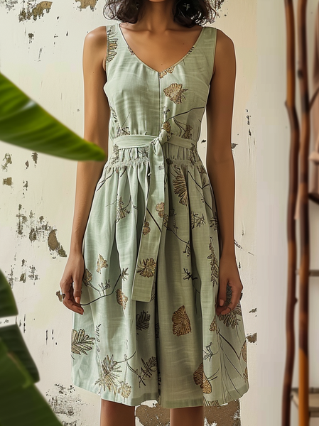 Loose V Neck Casual Floral Dress With Belt, Green, Dresses