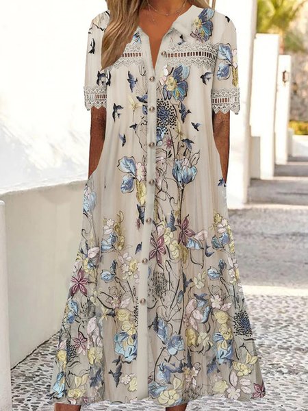 Women Floral Shirt Collar Short Sleeve Comfy Casual Lace Midi Dress, Khaki, Dresses
Women Floral Shirt Collar Short Sleeve Comfy Casual Lace Midi Dress, Khaki, Dresses