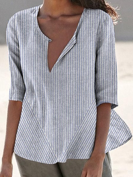 Shirt Collar Half Sleeve Striped Regular Loose Blouse For Women, Stripe-blue, Blouses