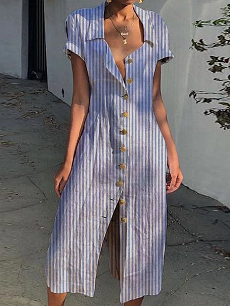 Women Striped Shirt Collar Short Sleeve Comfy Casual Midi Dress, Stripe-blue, Dresses