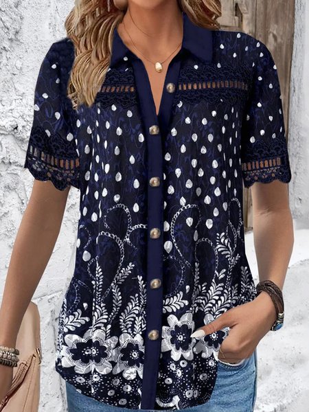 Shirt Collar Short Sleeve Floral Lace Regular Loose Blouse For Women, Dark blue, Shirts
Shirt Collar Short Sleeve Floral Lace Regular Loose Blouse For Women, Dark blue, Shirts