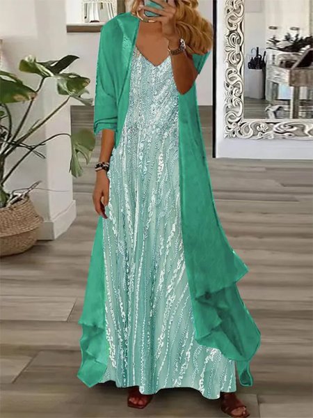 Elegant Chiffon Loose Two-Piece Set, Aqua, Suit Set
