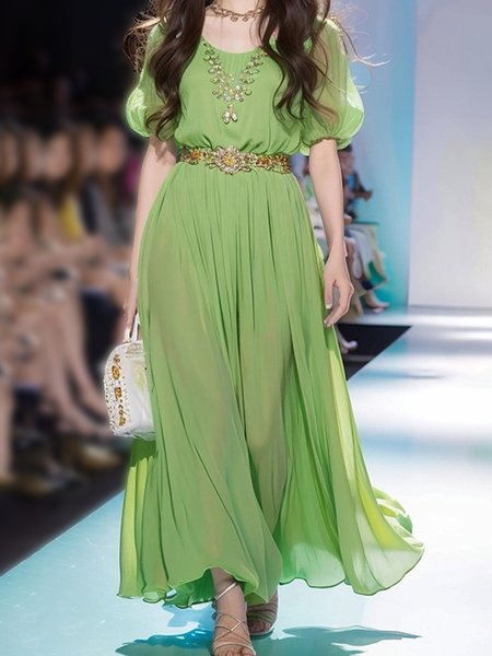 Plain Elegant Loose Crew Neck Dress With No Belt, Green, Maxi Dresses