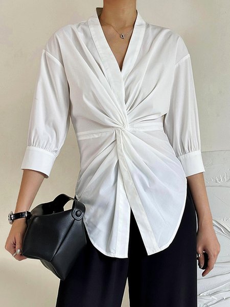 

Plain Urban Ruched Knot Front Shirt Collar Blouse, White, Blouses and Shirts