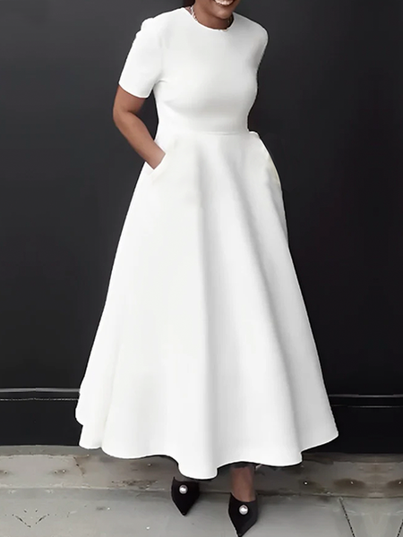 

Micro-Elasticity Regular Fit Crew Neck Short Sleeve Plain Elegant Maxi Dress, White, Maxi Dresses