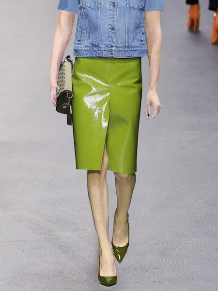 

Regular Fit Urban Plain Faux Leather Midi Skirt, Green, Skirts