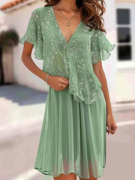 

V Neck Vacation Floral Chiffon Dress, Lightgreen, Dresses