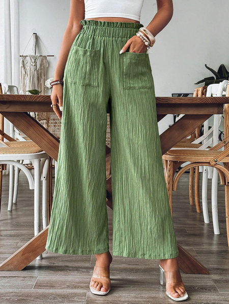 

Pocket Stitching Plain Casual Loose Pants, Green, Pants