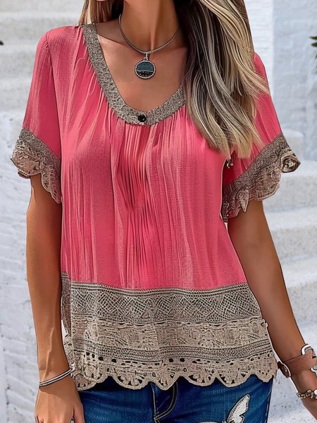 Crew Neck Short Sleeve Plain Lace Regular Loose Shirt For Women, Orange red, Blouses
Crew Neck Short Sleeve Plain Lace Regular Loose Shirt For Women, Orange red, Blouses
