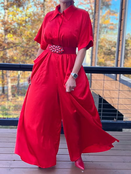 Plain Loose Urban Short Sleeve Others Jumpsuit, Red, Jumpsuits