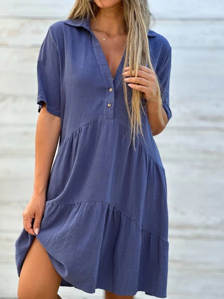 

Cotton Shirt Collar Loose Casual Dress With No, Blue, Midi Dresses