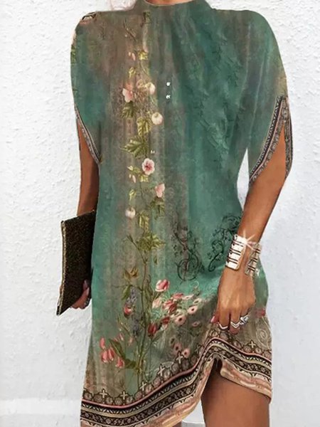 Women Floral Stand Collar Short Sleeve Comfy Casual Short Dress, Green, Short