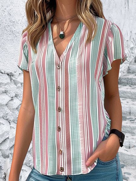 V Neck Short Sleeve Striped Regular Loose Blouse For Women, Red, Shirts