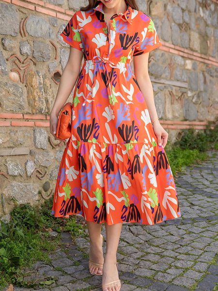 Abstract Loose Casual Shirt Collar Dress, As picture, Midi Dresses