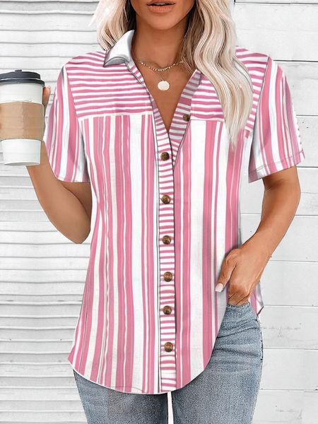 Shirt Collar Short Sleeve Striped Regular Loose Blouse For Women, Pink, Shirts
