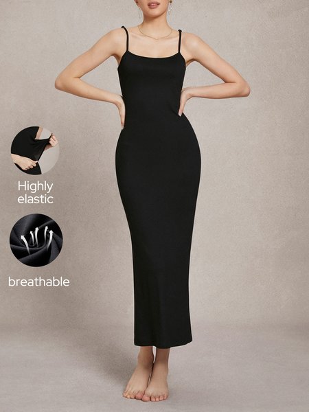 High-Elasticity Square Neck Maxi Dress, Black, Maxi Dresses