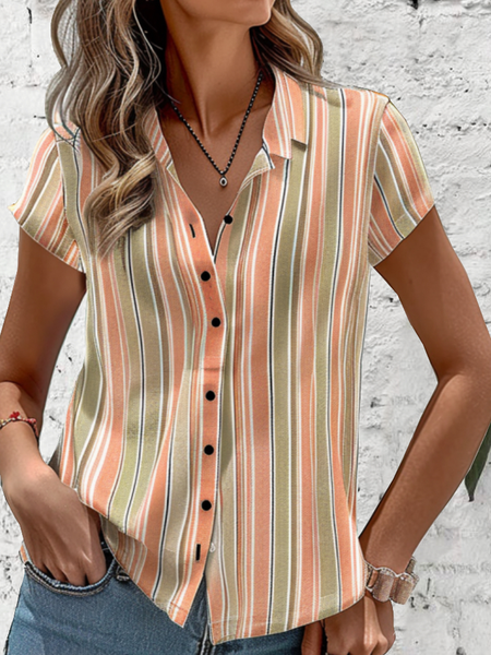 Shirt Collar Short Sleeve Striped Regular Loose Blouse For Women, Multicolor, Shirts
Shirt Collar Short Sleeve Striped Regular Loose Blouse For Women, Multicolor, Shirts