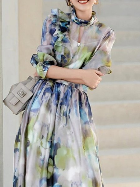 Elegant Stand Collar Floral Blouse Including Camisole Inside, As picture, Blouses and Shirts