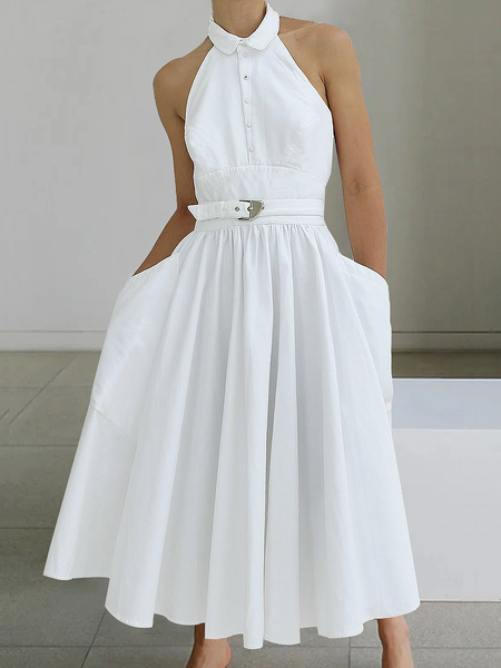 

Shirt Collar Elegant Plain Regular Fit Sleeveless Maxi Dress With Belt, White, Maxi Dresses