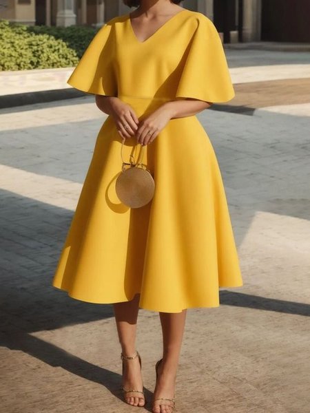 

Elegant Regular Fit Plain V Neck Dress, Yellow, Midi Dresses