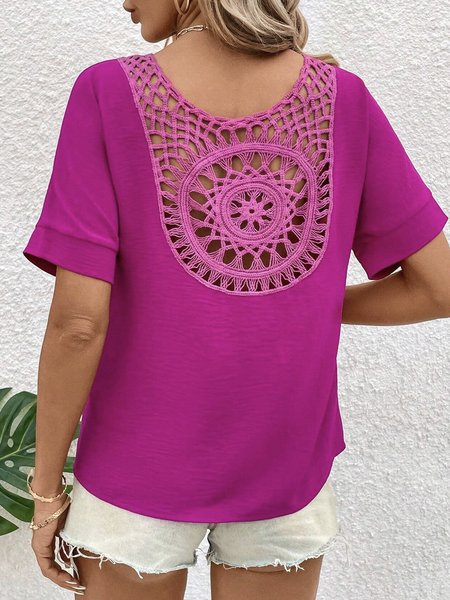 Crew Neck Short Sleeve Plain Lace Regular Loose Shirt For Women, Rose red, Blouses
Crew Neck Short Sleeve Plain Lace Regular Loose Shirt For Women, Rose red, Blouses