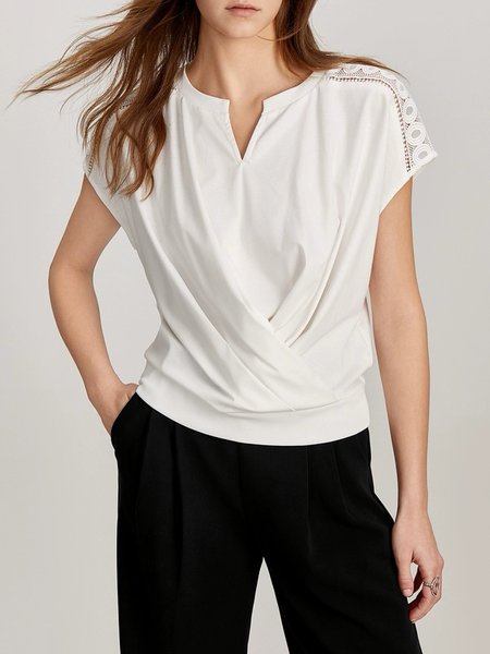 

Lace Edge V Neck Daily Plain Short Sleeve Shirt, White, Blouses and Shirts