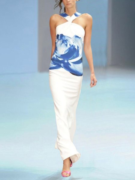 Halter Tight Vacation Floral Maxi Dress, Blue-white, Maxi Dresses