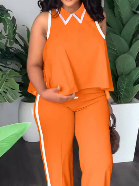 Casual Loose Color Block Shirt Collar Sleeveless Tank Top, Orange, Tanks and Camis
