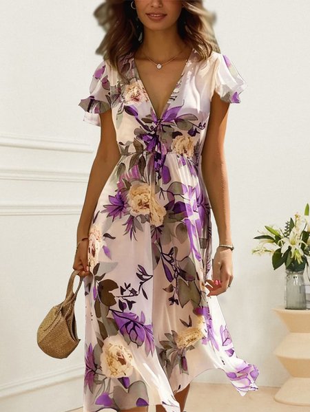 

Ruffled Sleeves Elegant Floral Regular Fit Dress, Purple, Dresses