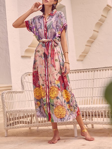 

Vacation Floral Shirt Collar Regular Fit Dress With Belt, As picture, Maxi Dresses