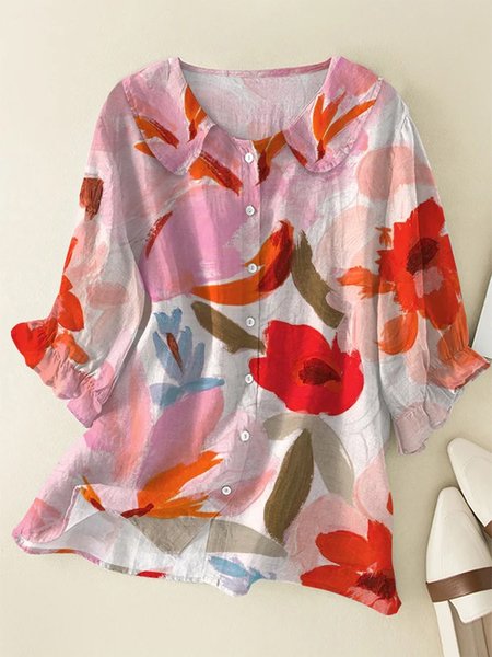 

JFN Floral Painting Lantern Sleeve Shawl Collar Casual Buttoned 3/4 Sleeve Shirt, Red, Shirts & Blouses