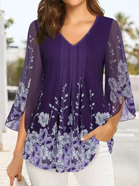 

Elegant Floral Flare Sleeve Shirt, Purple, Shirts & Blouses