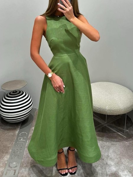 Regular Fit Plain Elegant Crew Neck Dress, Green, Maxi Dresses
