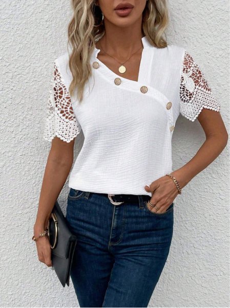 

Loose Plain Asymmetrical Collar Casual Blouse, White, Blouses & Shirts